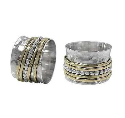 Sterling Silver With Brass Band, 2 Tone Meditation Ring With Hammered Finished. Approx Size: 15mm Width
