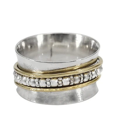 Sterling Silver With Brass Band, 2 Tone Meditation Ring With Curved Band. Approximate Size: 11mm Width