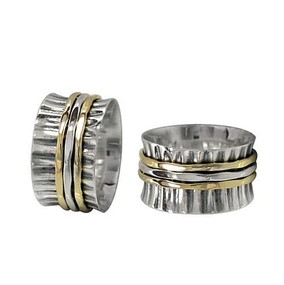 Sterling Silver With Brass Band, 2 Tone Meditation Ring With Hammered Finish. Approximate Size: 11mm Width