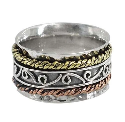 Sterling Silver With Brass And Copper Band, 3 Tone Meditation Ring. Approximate Size: 16mm Width