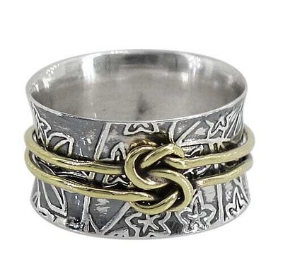 Sterling Silver With Brass Band, 2 Tone Meditation Ring With Love Knot And Leaf Design. Approximate Size: 12mm Width