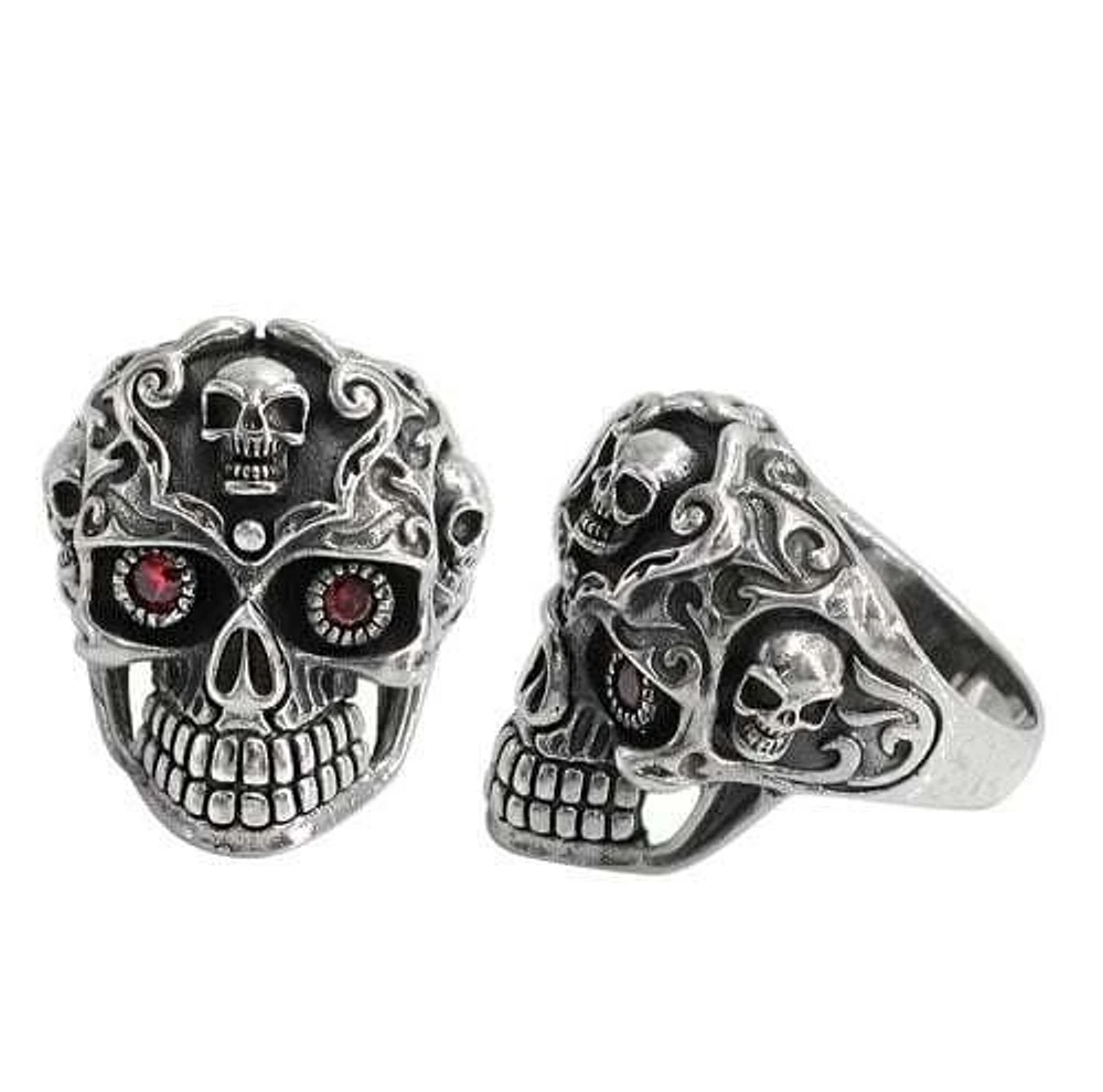 Sterling Silver, Skull Ring With Red Cubic Zirconia, 30mm Width