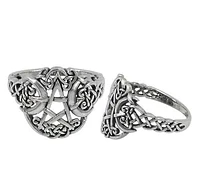 Sterling Silver Crescent Moon Pentagram Ring, 17mm Width