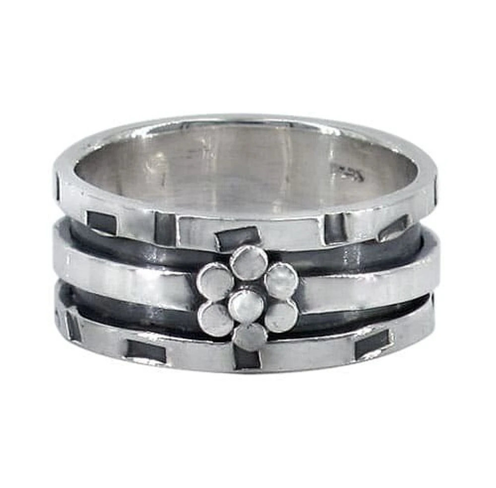 Sterling Silver Meditation Ring With Flower Band, 9mm Width