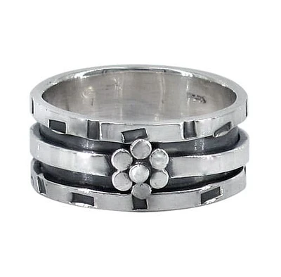 Sterling Silver Meditation Ring With Flower Band, 9mm Width