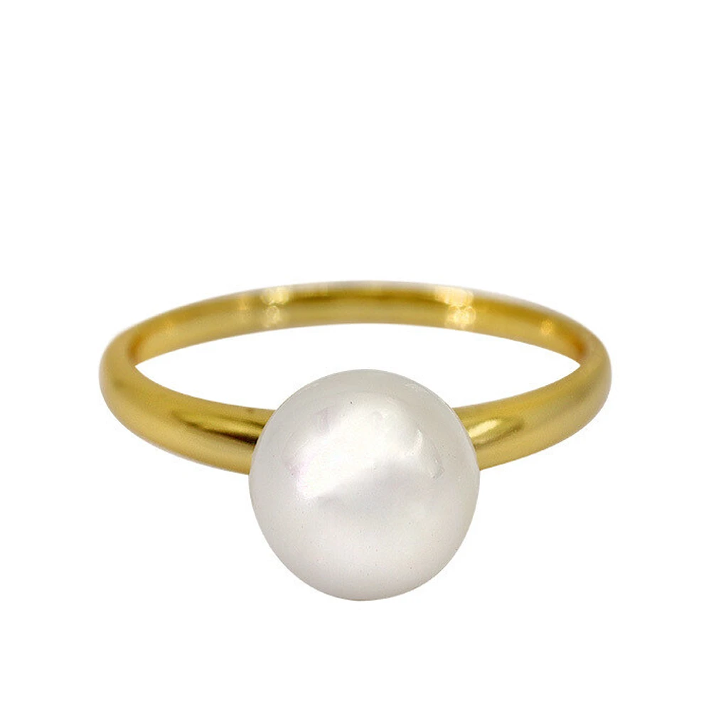 Sterling Silver With Gold, 8.5mm White Pearlized Agate Stone Ring