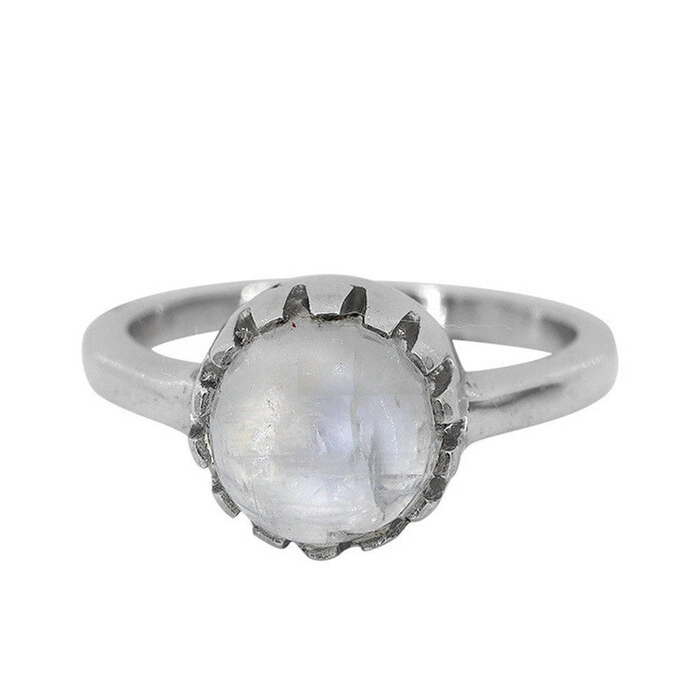 Sterling Silver With Rhodium, 8mm Moonstone Ring, 2mm Band