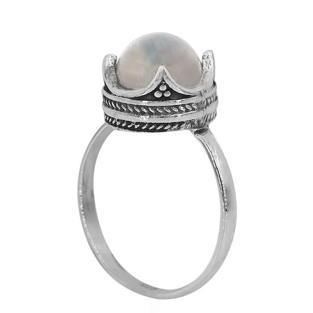 Sterling Silver, Crown Ring With 8mm Crystal Ball, Band