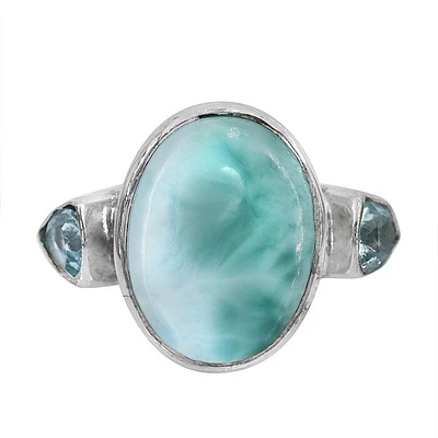 Sterling Silver With Rhodium, 12X17mm Larimar Ring 5X5mm Blue Topaz, 4mm Band