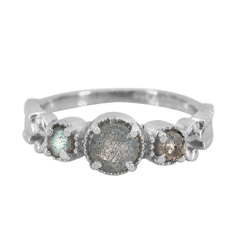 Sterling Silver With Rhodium, 5mm And 4mm Labradorite Ring, 6.5mm Band