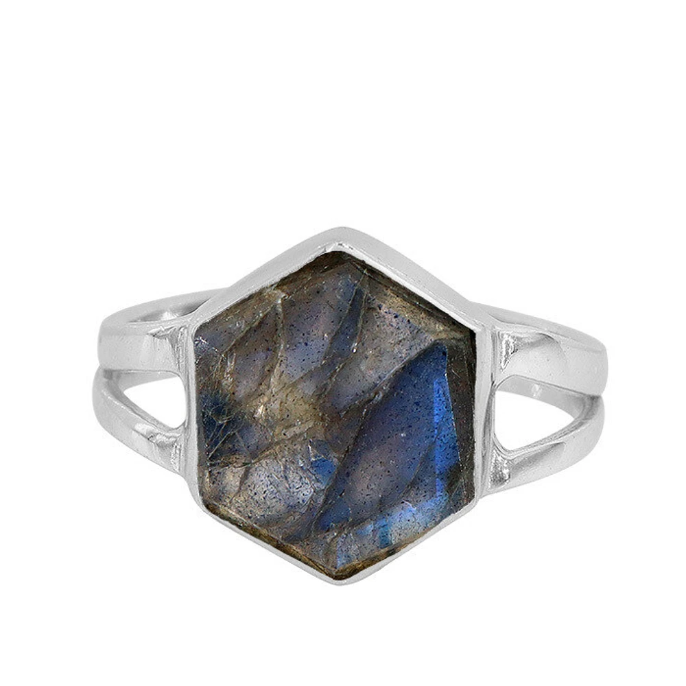 Sterling Silver With Rhodium, 10X13mm Labradorite Ring, 3.5mm Band