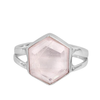 Sterling Silver With Rhodium, 10X13mm Rose Quartz Ring, 3.5mm Band