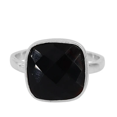 Sterling Silver With Rhodium, 13X13mm Onyx, 2mm Band