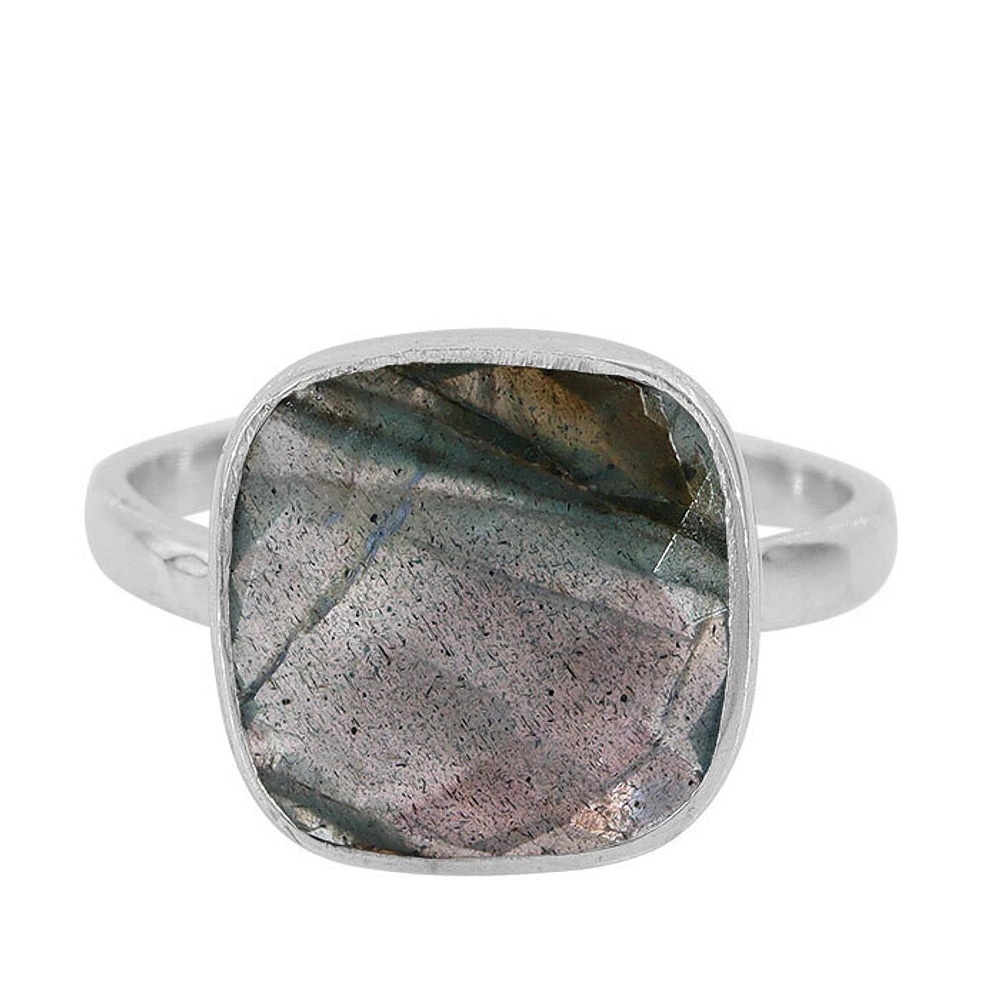 Sterling Silver With Rhodium, 13X13mm Labradorite, 2mm Band