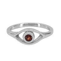 Sterling Silver With Rhodium, 7X13mm Evil Eye Ring 3Mm Garnet, 2mm Band