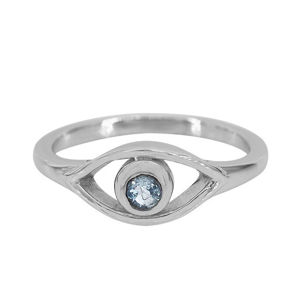 Sterling Silver With Rhodium, 7X13mm Evil Eye Ring With 3mm Blue Topaz, 2mm Band