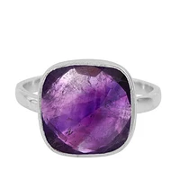 Sterling Silver With Rhodium, 13X13mm Amethyst, 2mm Band