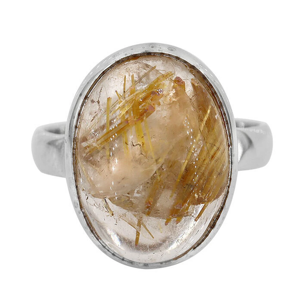 Sterling Silver With Rhodium, 12X16mm Golden Rutilated Quartz Ring, 3.5mm Band