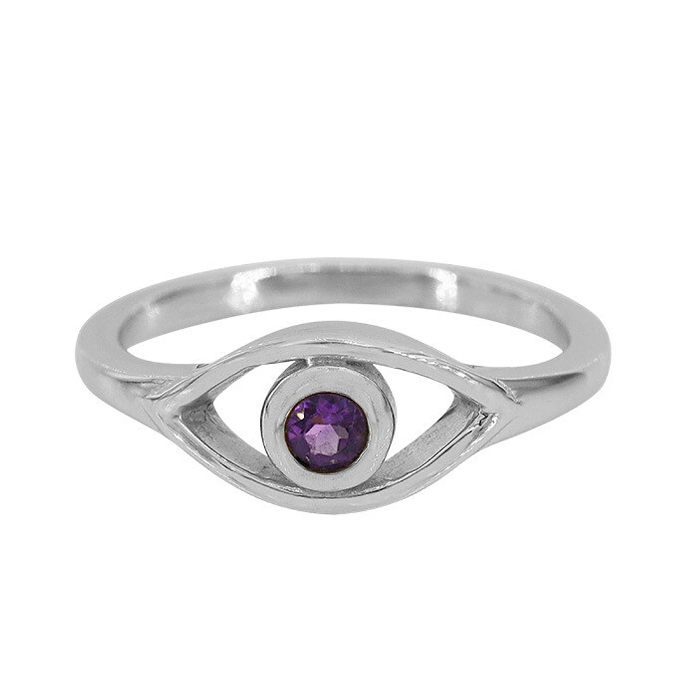 Sterling Silver With Rhodium, 7X13mm Evil Eye Ring With 3mm Amethyst, 2mm Band