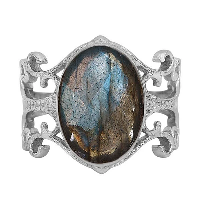 Sterling Silver With Rhodium, 10X15mm Labradorite Ring