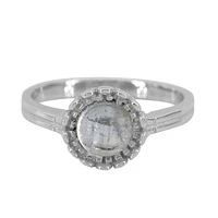 Sterling Silver With Rhodium, 9Mm Flower Ring 6Mm Moonstone, 2Mm Band