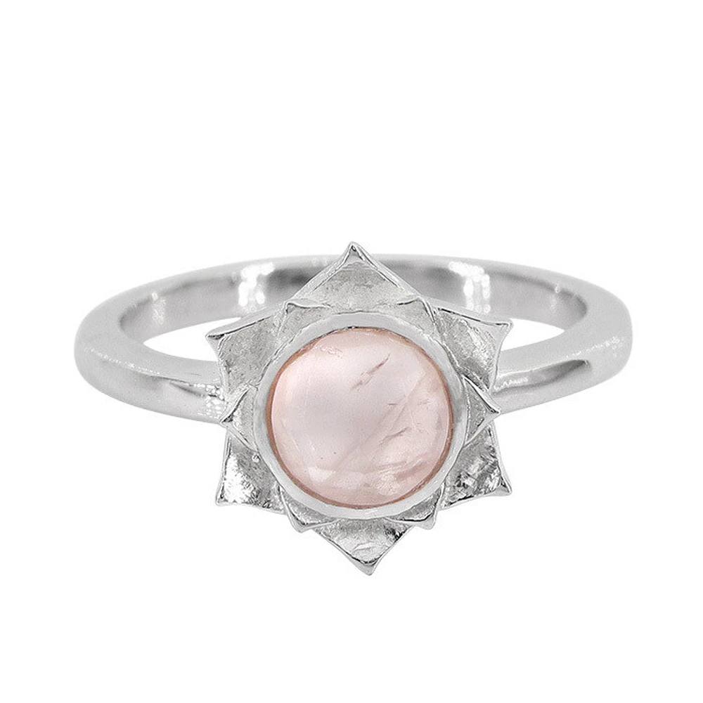 Sterling Silver With Rhodium, 11X12mm Flower Ring 6mm Rose Quartz, 2mm Band