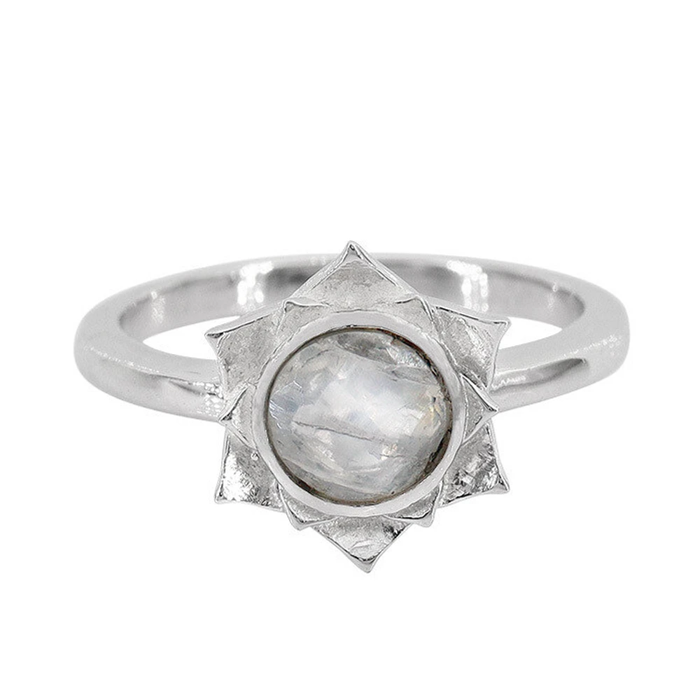 Sterling Silver With Rhodium, 11X12mm Flower Ring 6mm Moonstone, 2mm Band