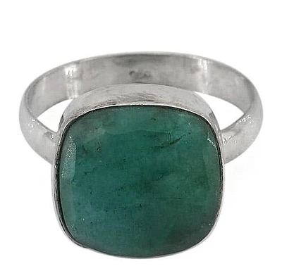 Sterling Silver With Rhodium, 13X13mm Dyed Emerald Ring