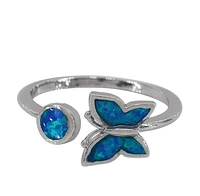 Sterling Silver With Rhodium, 8X10mm Butterfly Ring Emulated Opal, 2.5mm Band