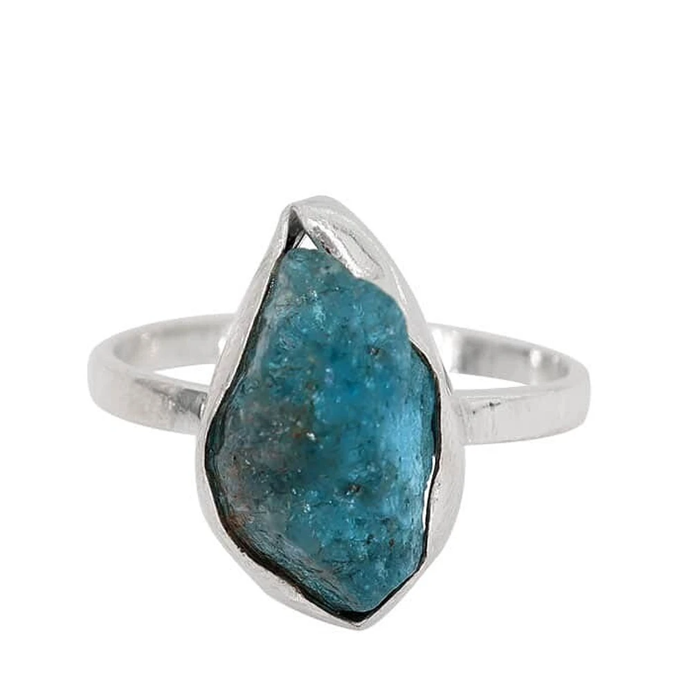 Sterling Silver, 8X14mm Rough Blue Apatite Ring, 2mm Band