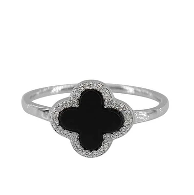 Sterling Silver With Rhodium, 4 Leaf Clover Ring With Cubic Zirconia, 11mm Diameter