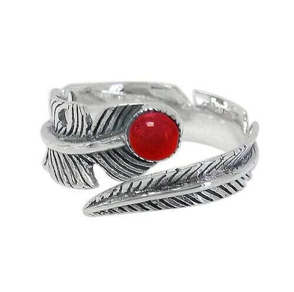 Sterling Silver, Feather Ring With 4mm Red Shell, 13mm Width