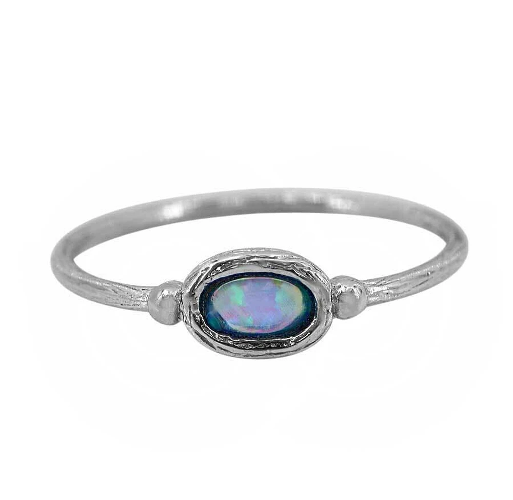 Sterling Silver With Rhodium, 5X3mm Emulated Opal Ring With 1.5mm Band