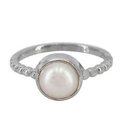 Sterling Silver With Rhodium, 7mm Fresh Water Pearl Ring, 2mm Band