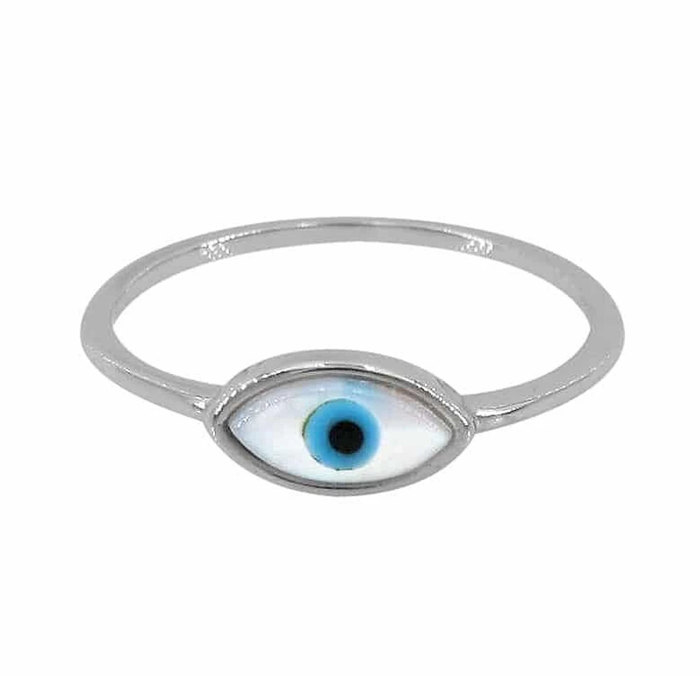 Sterling Silver With Rhodium, 5X10mm Evil Eye Ring With 1mm Band