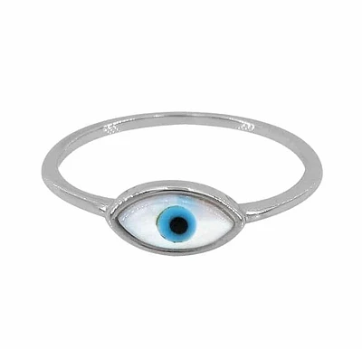 Sterling Silver With Rhodium, 5X10mm Evil Eye Ring With 1mm Band
