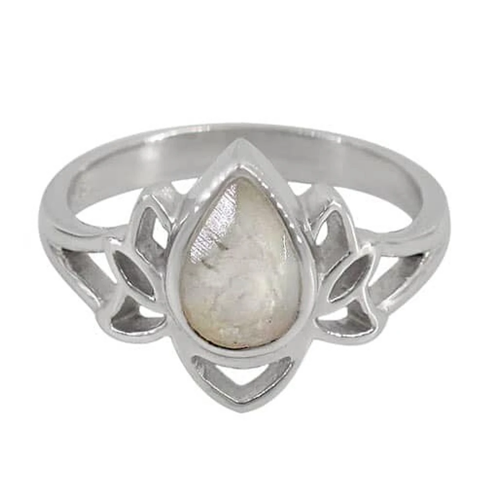 Sterling Silver With Rhodium, Lotus Flower Stone Ring, 8X11mm(Stone), 3mm Width(Band)