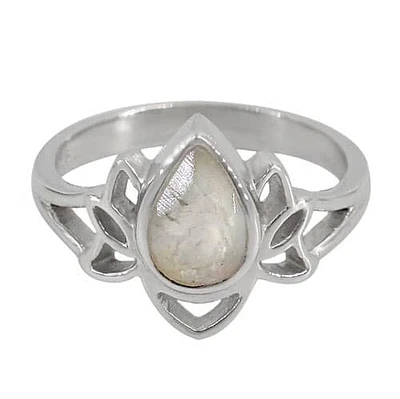 Sterling Silver With Rhodium, Lotus Flower Stone Ring, 8X11mm(Stone), 3mm Width(Band)