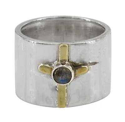 Sterling Silver With Gold Cross Ring, 4mm Labradorite Stone, 15mm Band