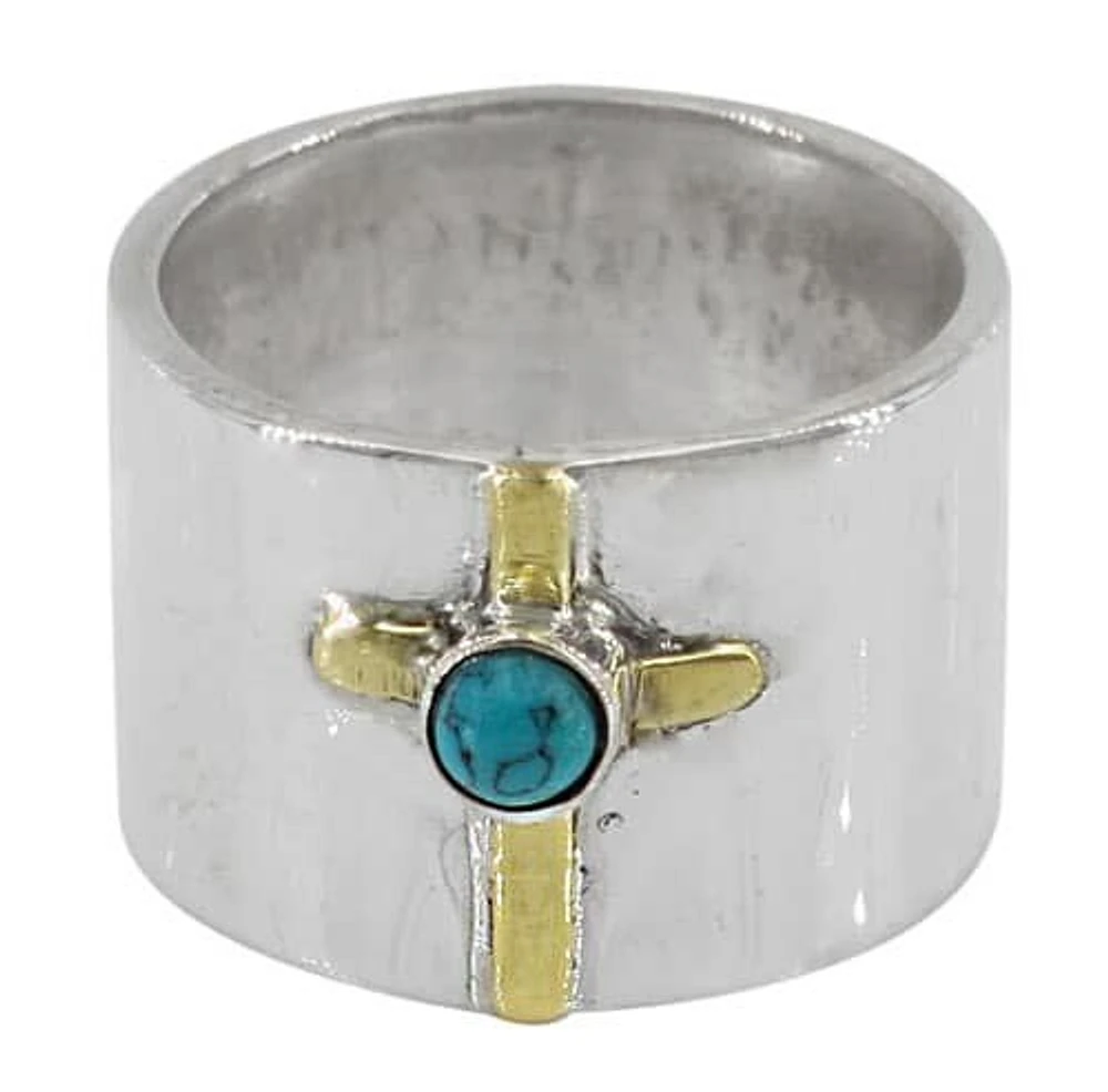 Sterling Silver With Gold Cross Ring, 4mm Synthetic Turquoise Stone, 15mm Band