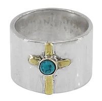 Sterling Silver With Gold Cross Ring, 4mm Synthetic Turquoise Stone, 15mm Band