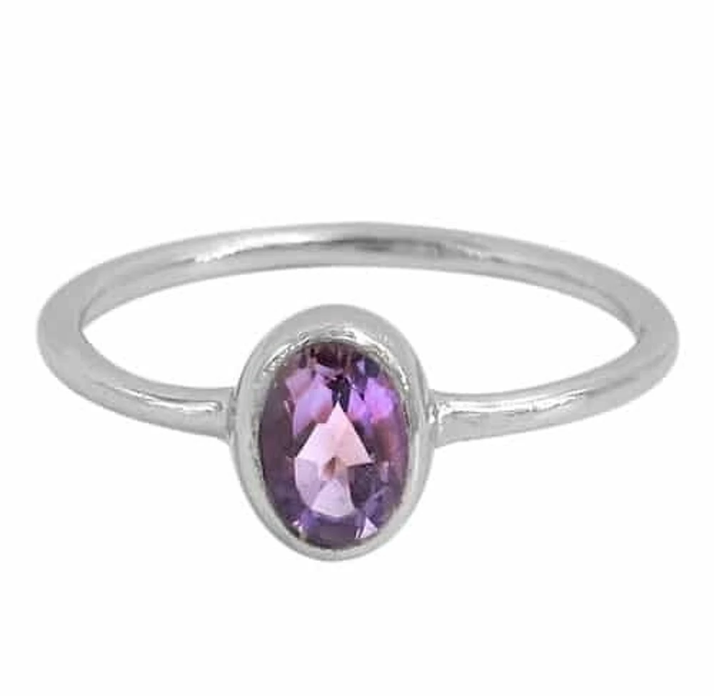 Sterling Silver, 6X8mm Stone Ring With 1.5mm Round Band, Colour And May Vary