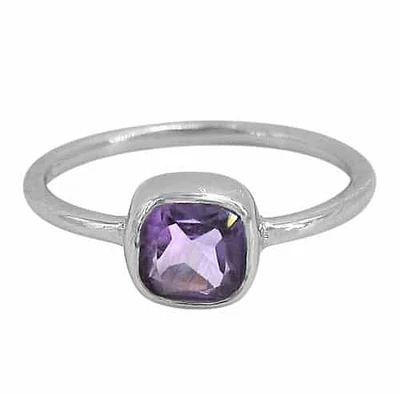 Sterling Silver With Rhodium, 8mm Square Stone Ring 1.5mm Round Band, Colour And May Vary