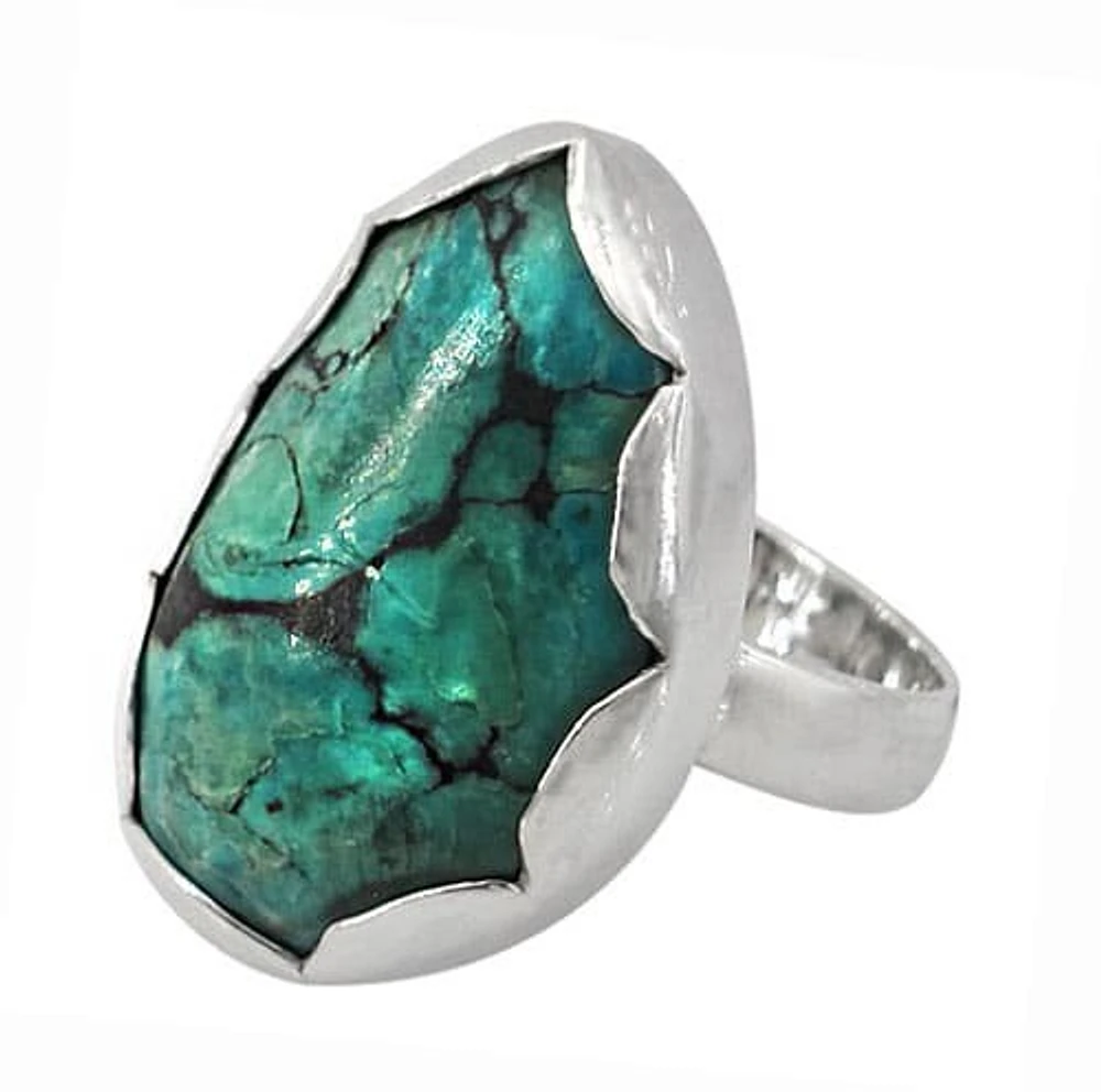 Sterling Silver With Rhodium, 26X17mm Turquoise Stone Ring 4mm Band