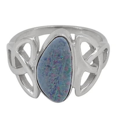 Sterling Silver With Rhodium, 16X13mm Australian Opal Stone Ring With Celtic Knot Design, Colour And Size May Vary