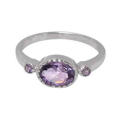Sterling Silver With Rhodium Stone Ring, 6X9mm Oval And 3mm Round Stones