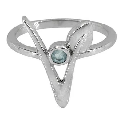 Sterling Silver With Rhodium, 8mm Stone Ring Leaf Design, 2mm Band