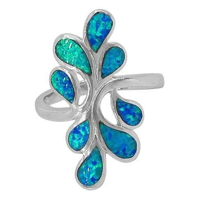 Sterling Silver With Rhodium, 29X15mm Leaf Design Ring With Emulated Opal Stones And 3mm Band