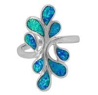 Sterling Silver With Rhodium, 29X15mm Leaf Design Ring With Emulated Opal Stones And 3mm Band