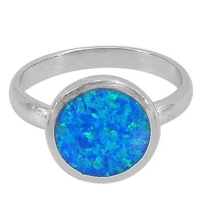 Sterling Silver With Rhodium, 13mm Emulated Opal Stone Ring With 3mm Band